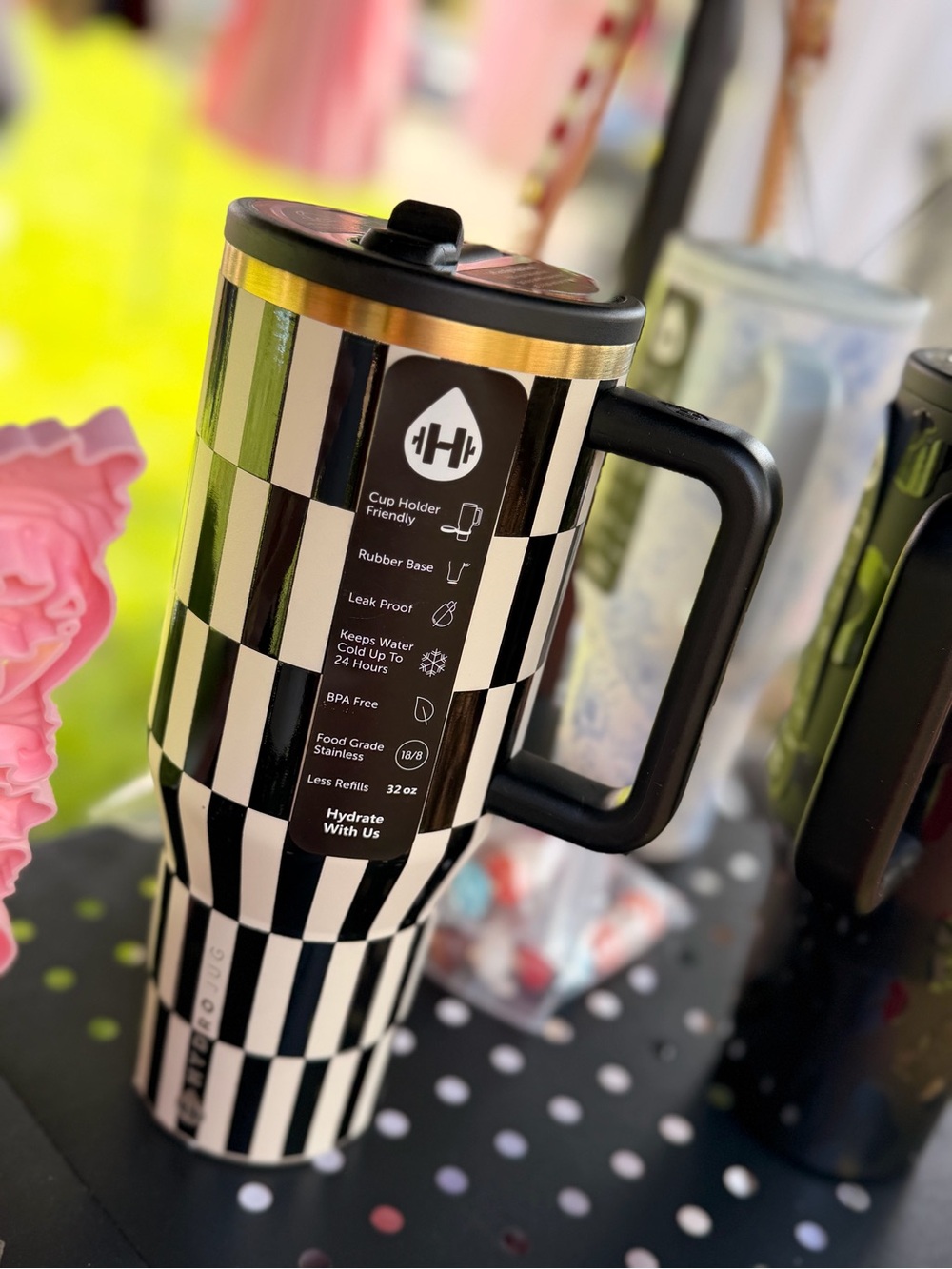 HydroJug Black and White Check Travel Tumbler with Handle